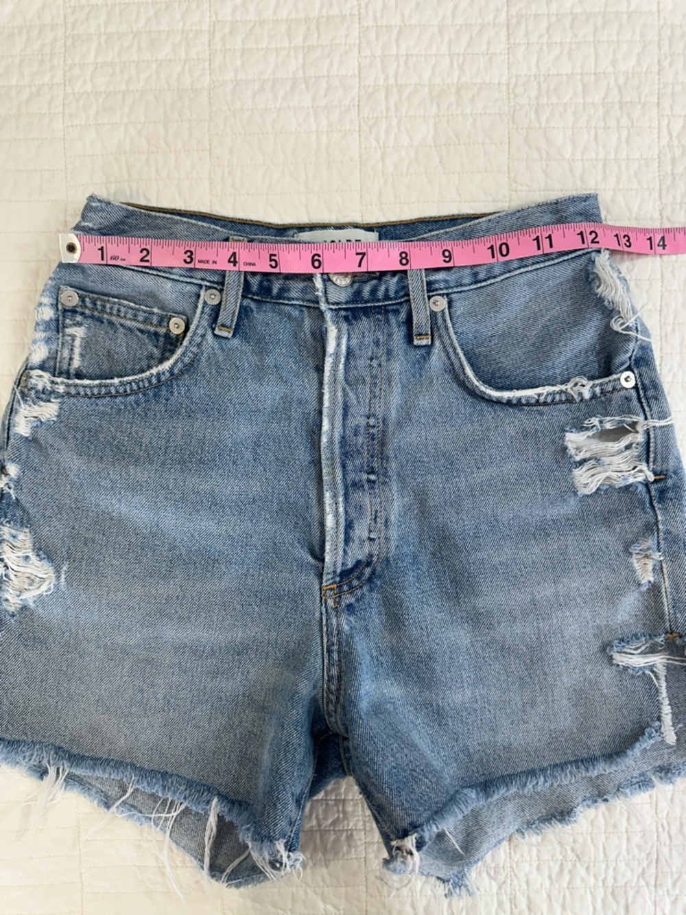 Agolde Distressed Dee 24 Light Blue High-Rise Denim Shorts - Picture 6 of 9